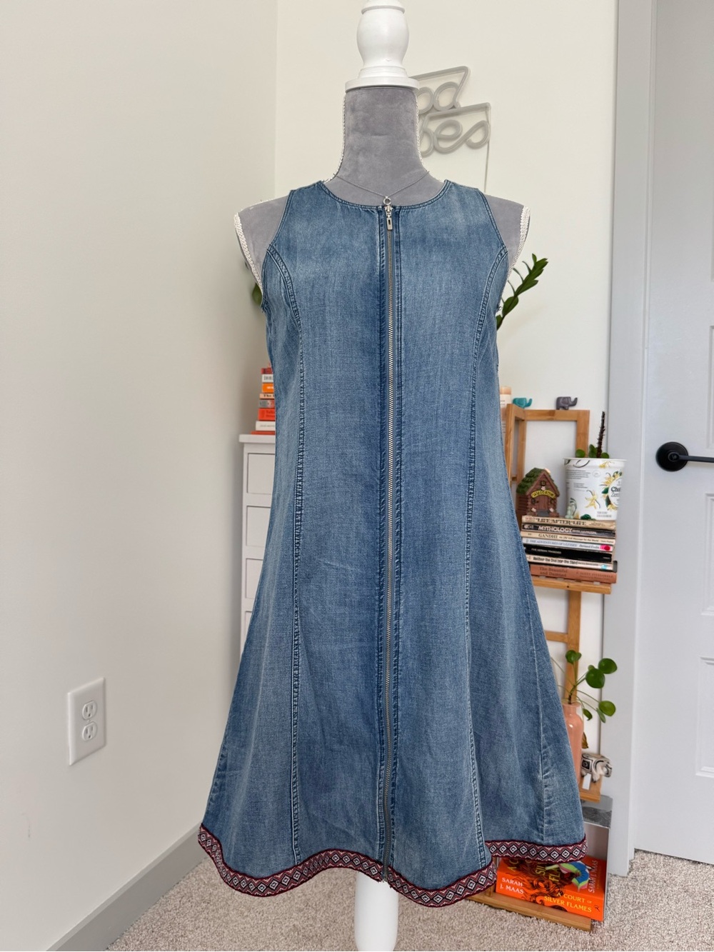 Sleeveless Denim Zip-Front Midi Dress with Embroidered Hem